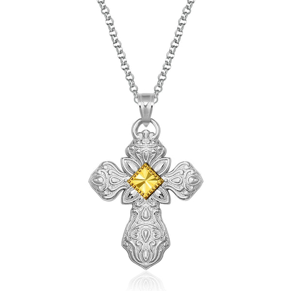 Designer Sterling Silver and 14K Yellow Gold Ornamental Cross Pendant