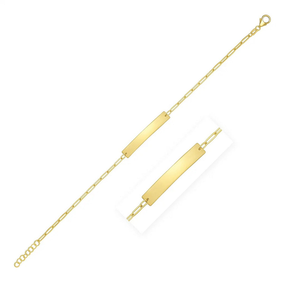 14K Yellow Gold 7 Inch Paperclip Chain Bracelet with Bar (2.10 mm)
