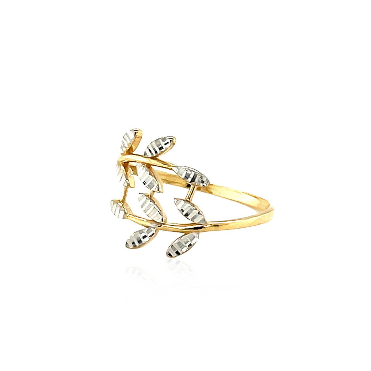 14K Two Tone Gold Crossover Ring with Textured Leaves (1.50 mm)