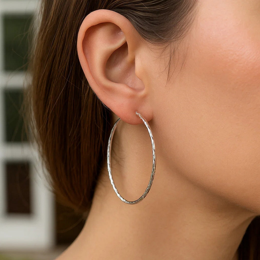 14k White Gold Diamond Cut Hoop Earrings (1 3/4 inch Diameter)