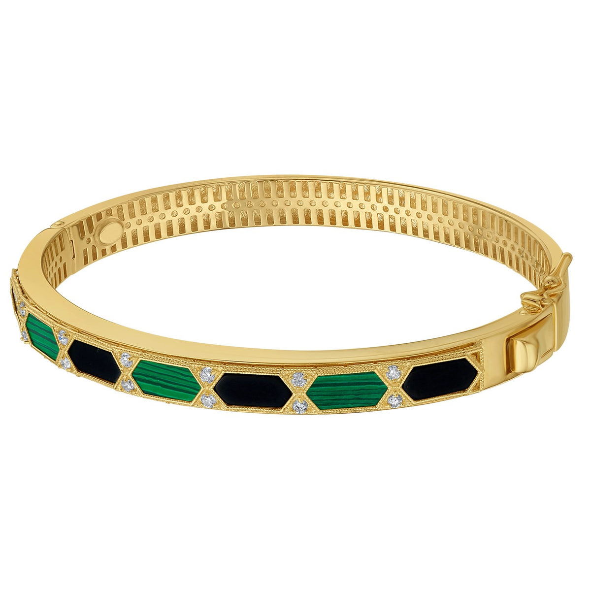 14K Yellow Gold Black And Green Art Deco Hexagon Bangle (6.00 mm)