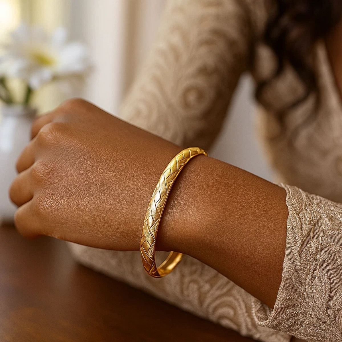 14K Yellow Gold Domed Bangle with a Weave Motif (6.00 mm)