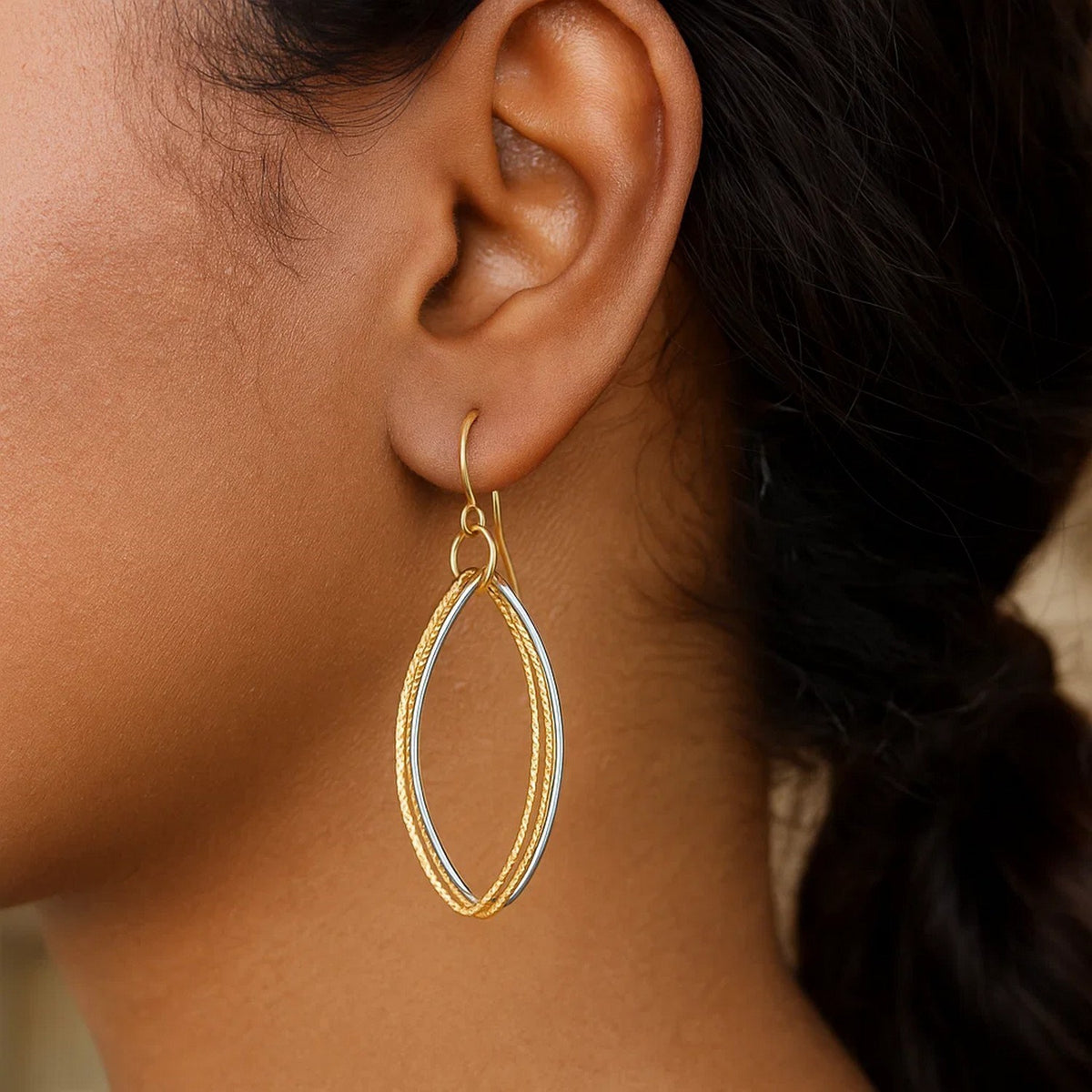 14k Two Tone Gold Textured Triple Oval Shape Drop Earrings