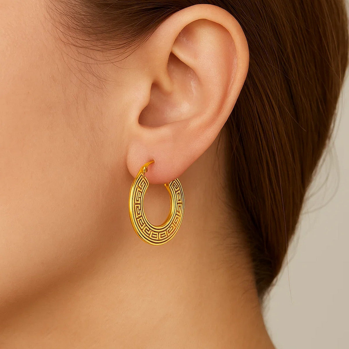 10K Yellow Gold Greek Key Small Hoop Earrings
