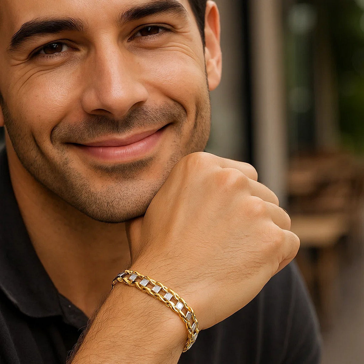14K Two-Tone Gold Men's Bracelet with S Style Bar Links (7.85 mm)