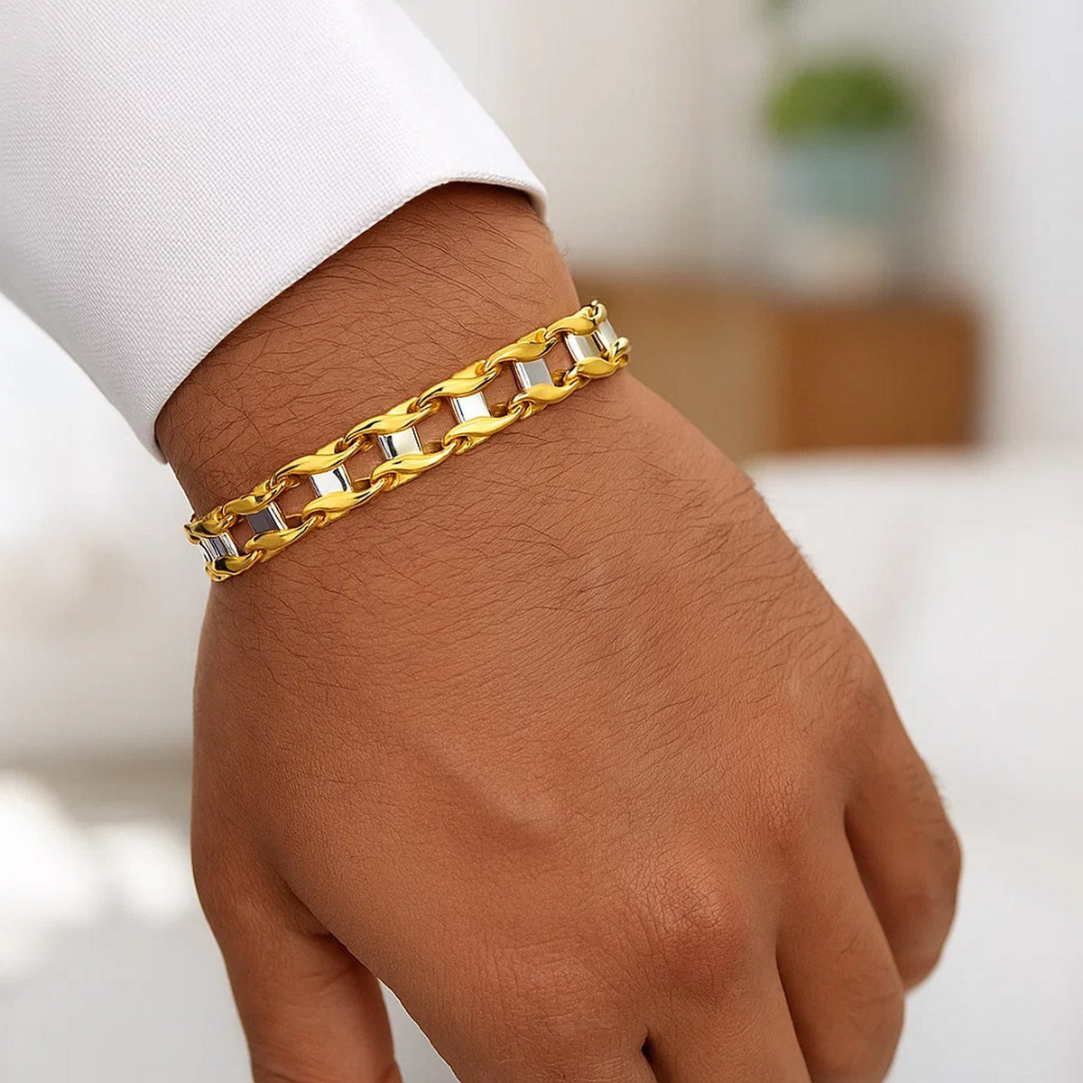 14K Two-Tone Gold Men's Bracelet with S Style Bar Links (7.85 mm)