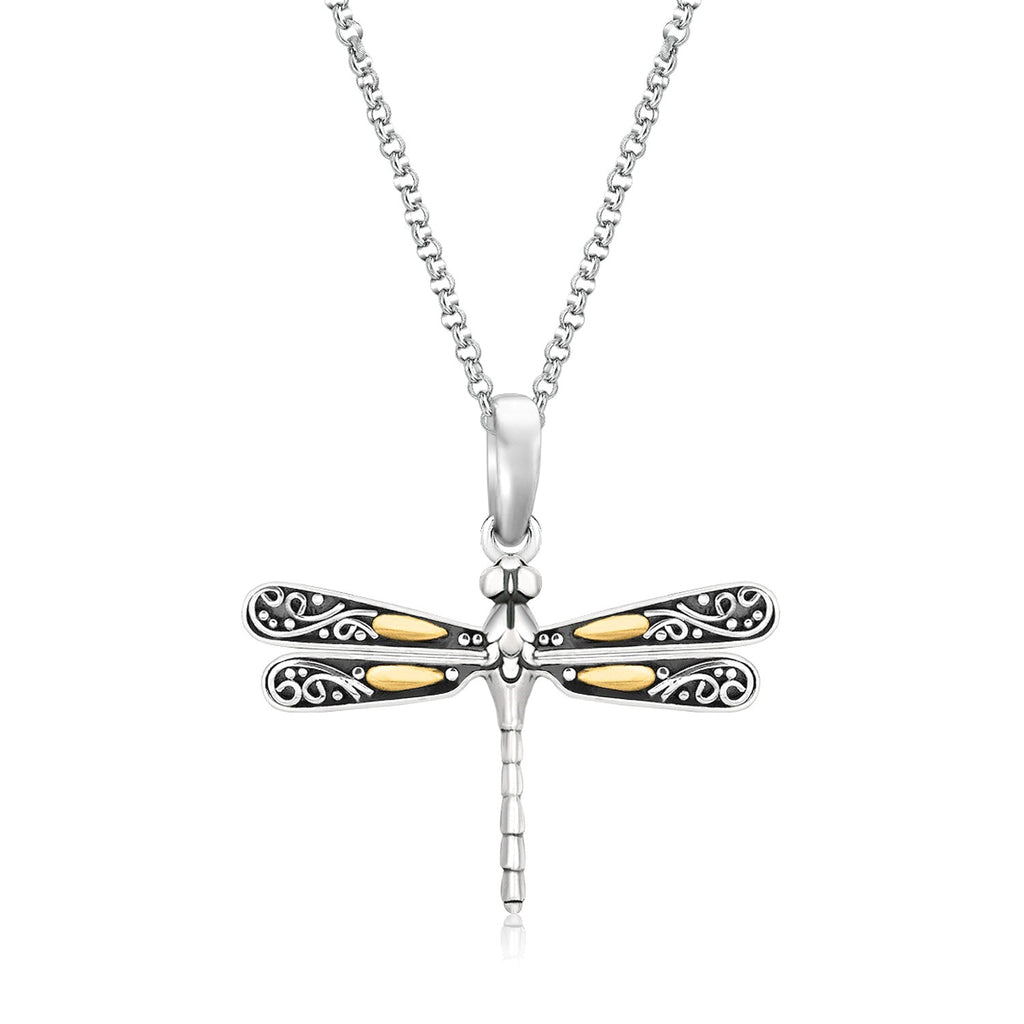 18K Yellow Gold and Sterling Silver Pendant in a Dragonfly Design