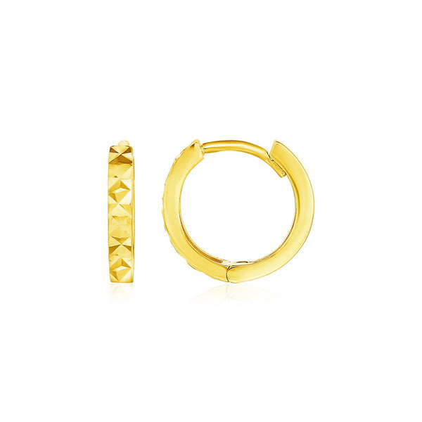 14K Yellow Gold Petite Round Hoop Earrings with Geometric Texture