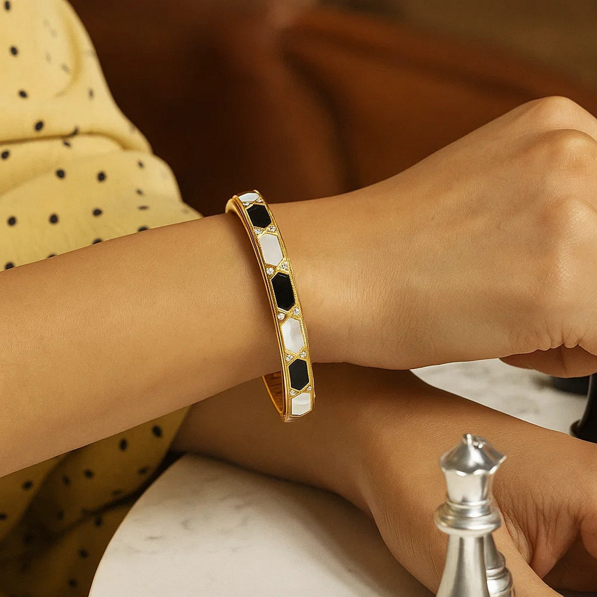 14K Yellow Gold Black And White Art Deco Hexagon Bangle