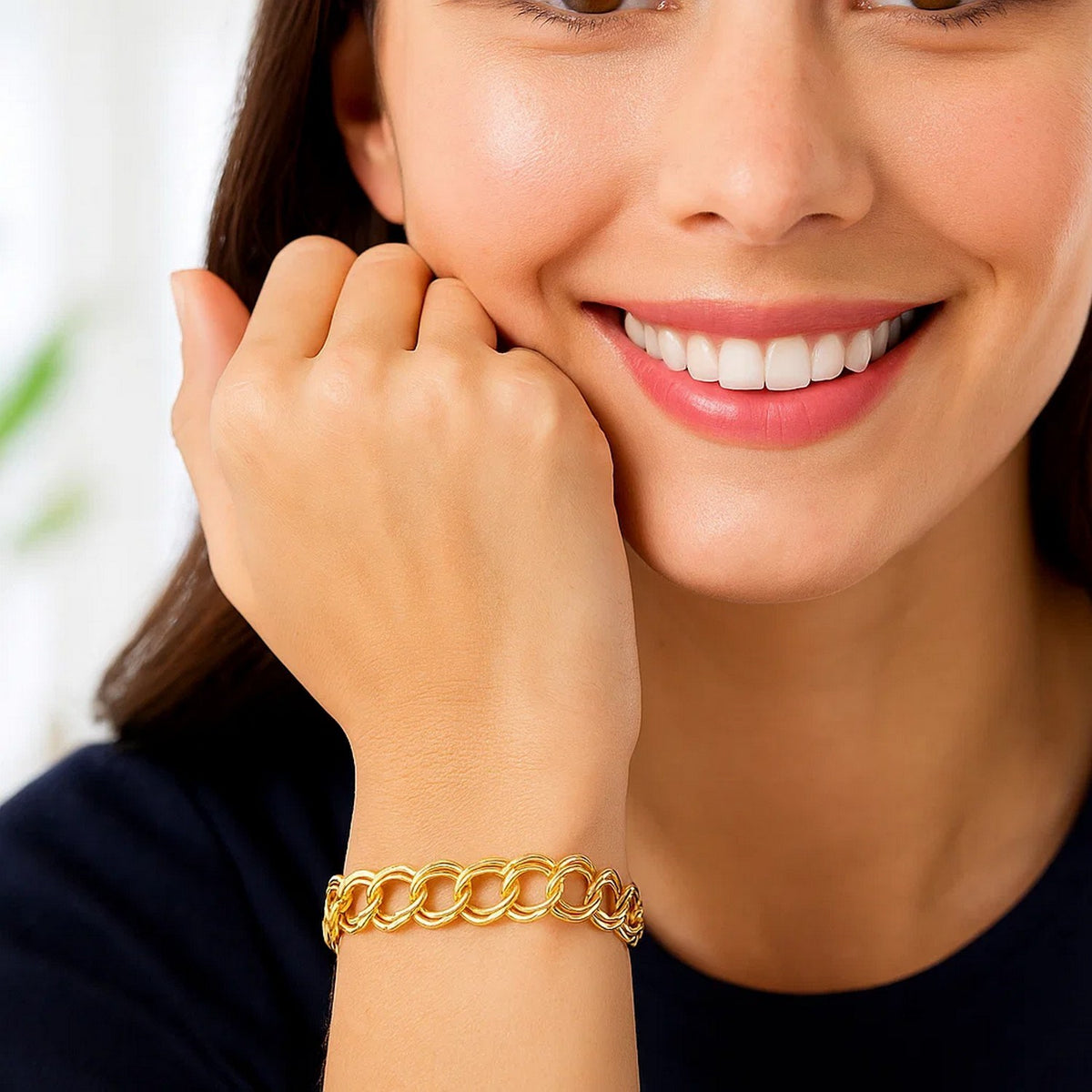 14k Yellow Gold Solid Double Link Charm Bracelet (8.00 mm)