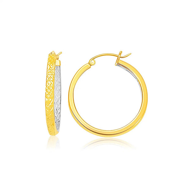 14K TwoTone Yellow and White Gold Petite Patterned Hoop Earrings(3x25mm)