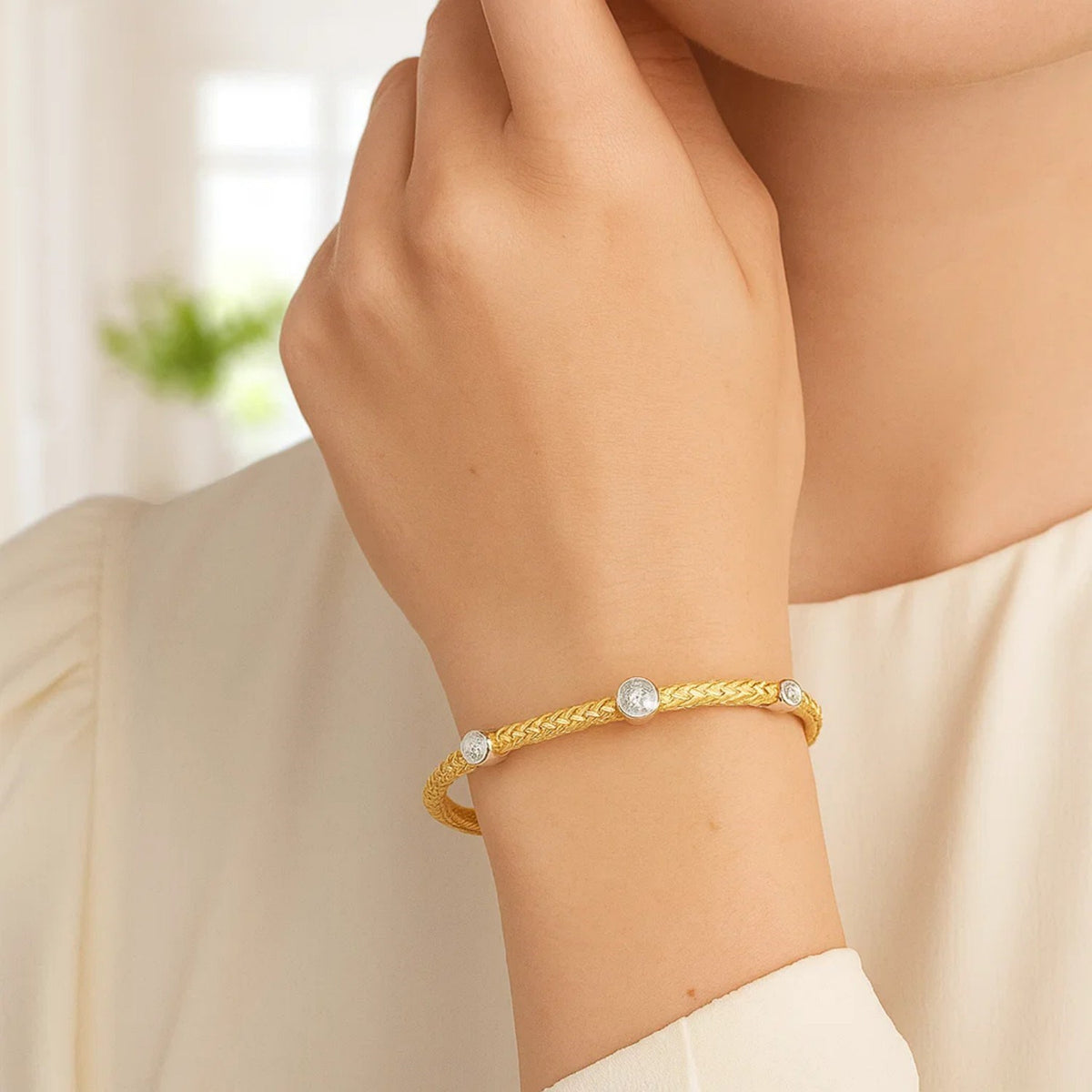 14k Two-Tone Gold Diamond Accent Station Basket Weave Bracelet (3.80 mm)