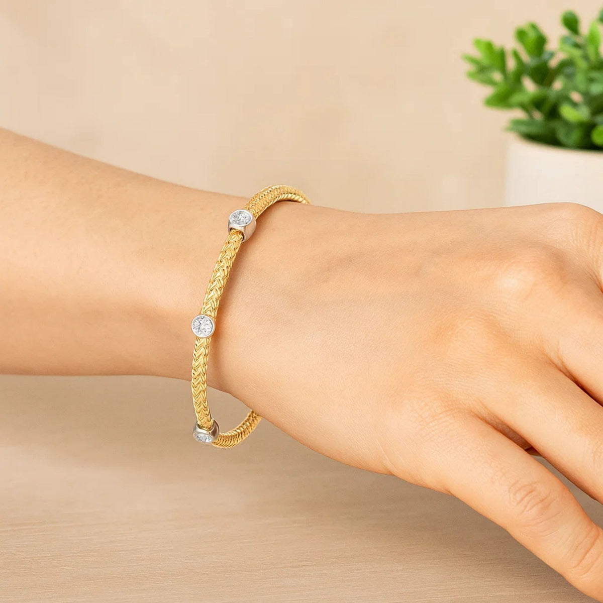 14k Two-Tone Gold Diamond Accent Station Basket Weave Bracelet (3.80 mm)