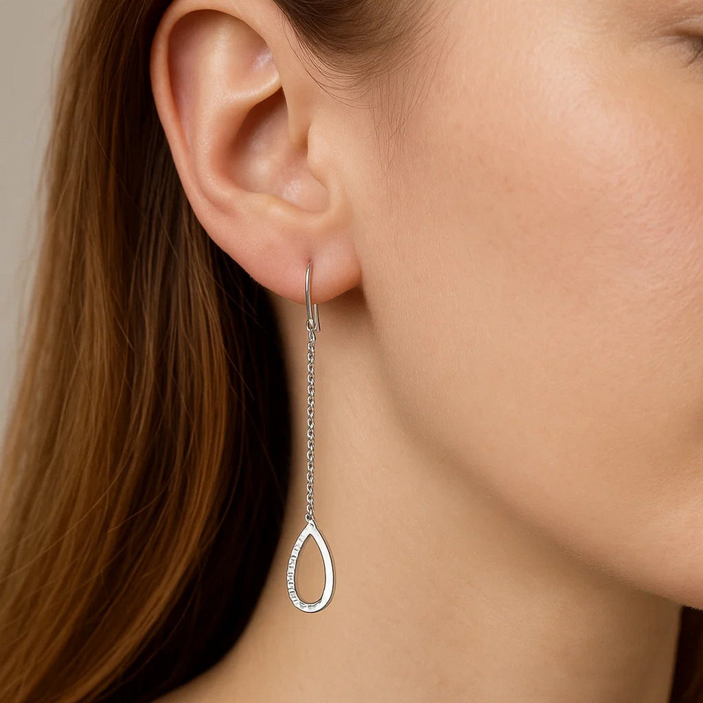 Textured Pear Shaped Long Drop Earrings in 14k White Gold