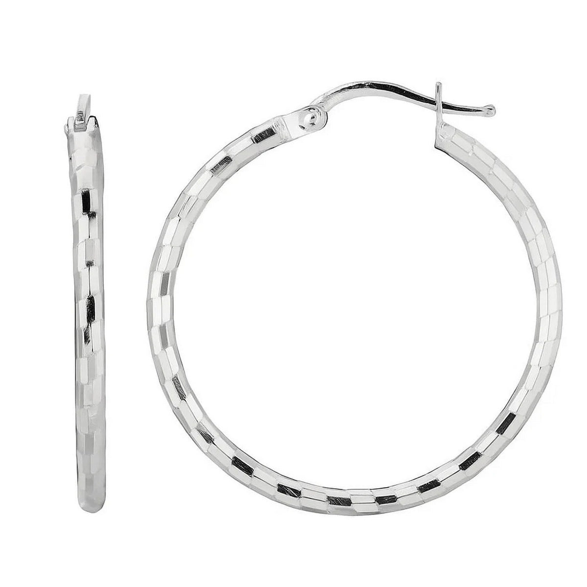 Sterling Silver Hoop Design Diamond Cut Earrings with Rhodium Plating (2x26mm)
