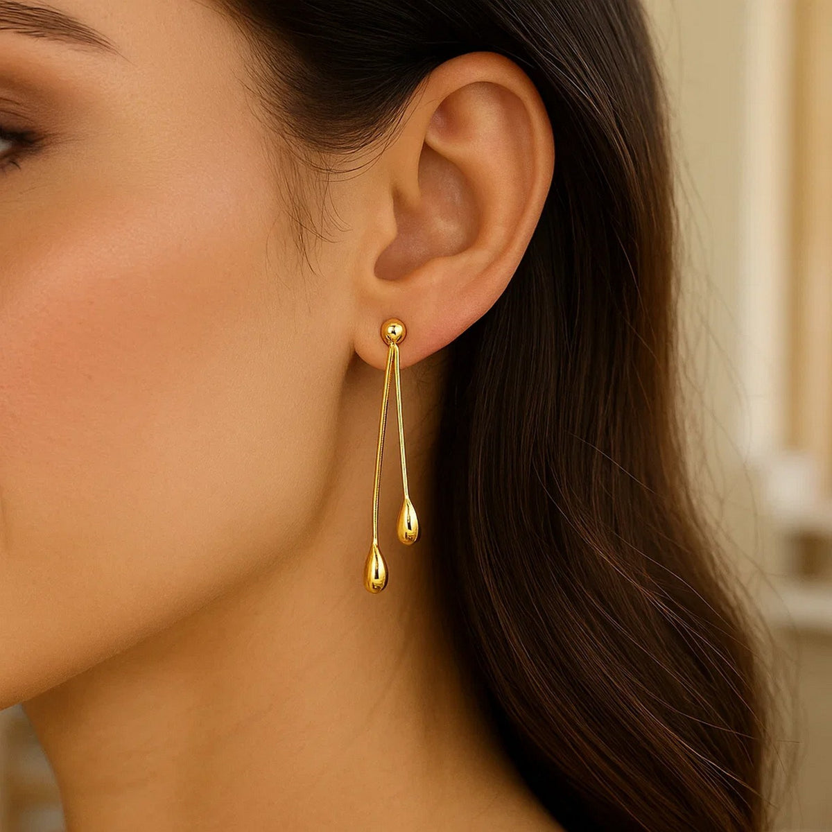 14k Yellow Gold Double Drop Long Earrings