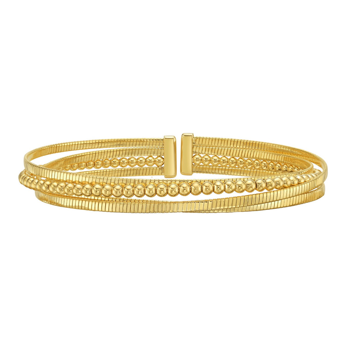 14K Yellow Gold Polished Omega And Beaded Layered Cuff (7.80 mm)