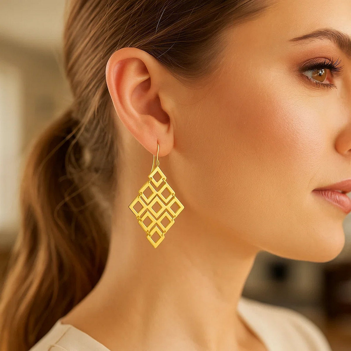 14k Yellow Gold Earrings with Polished Open Diamond Motifs