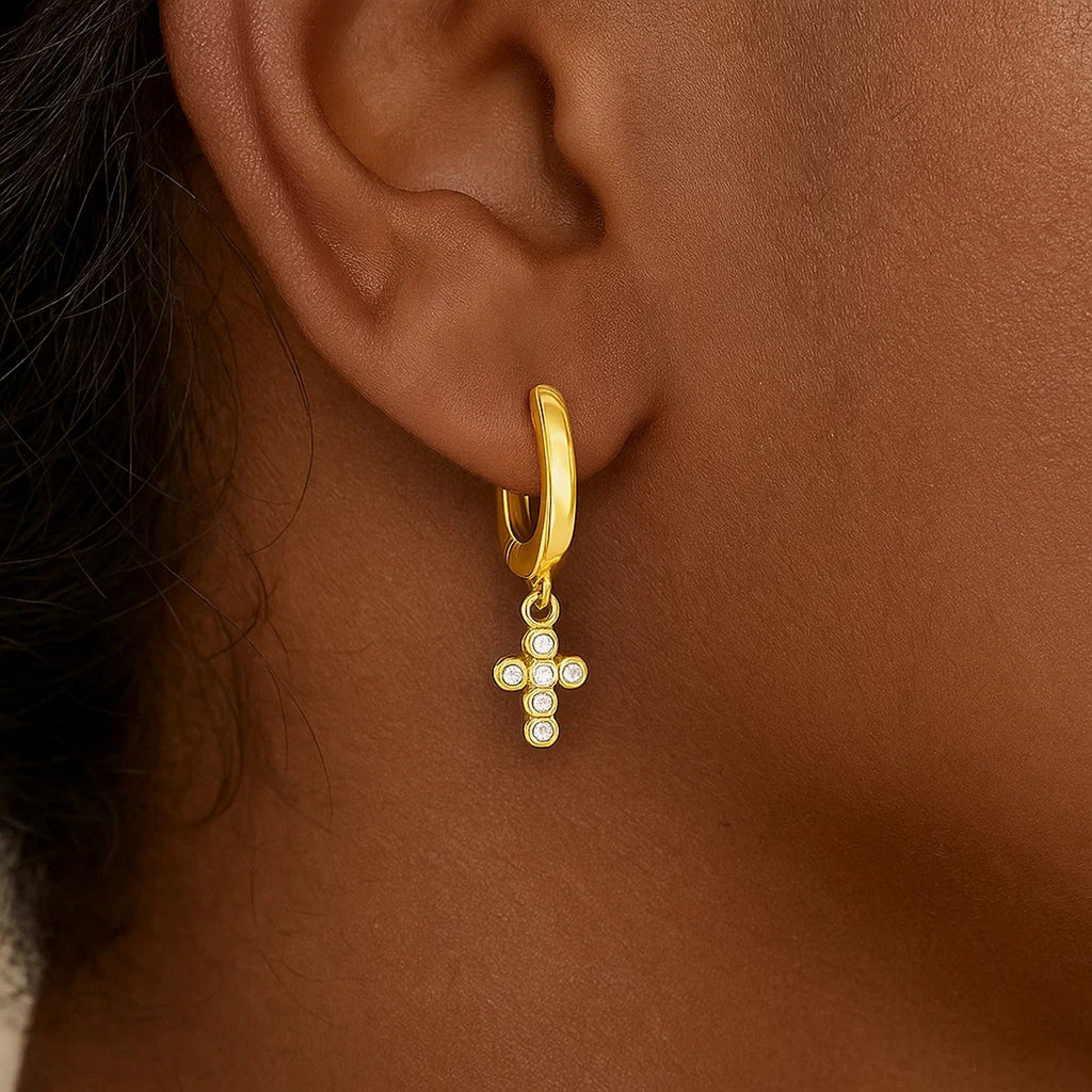 14K Yellow Gold Petite Diamond Cross Earrings