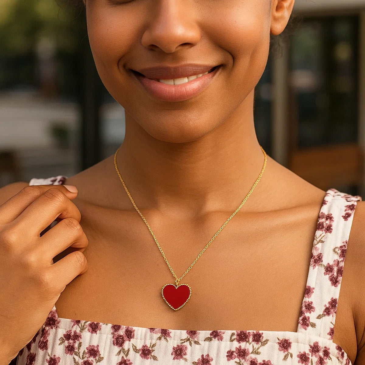 14k Yellow Gold High Polish Heart Red Cornelia Paste Necklace