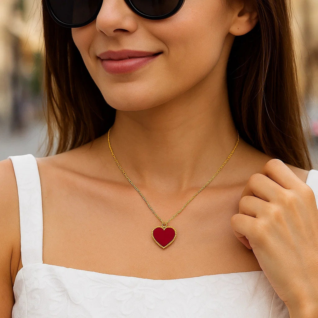 14k Yellow Gold High Polish Heart Red Cornelia Paste Necklace