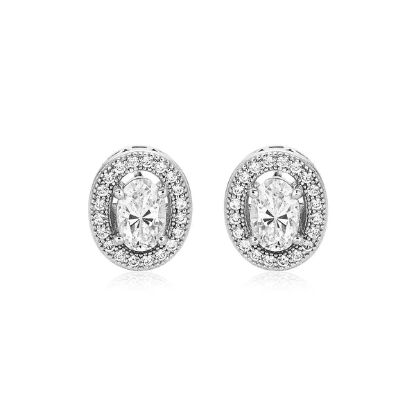 Sterling Silver Beaded Oval Bezel Set Cubic Zirconia Earrings