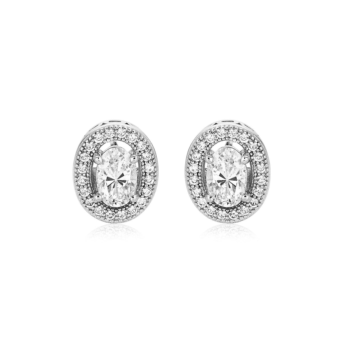 Sterling Silver Beaded Oval Bezel Set Cubic Zirconia Earrings