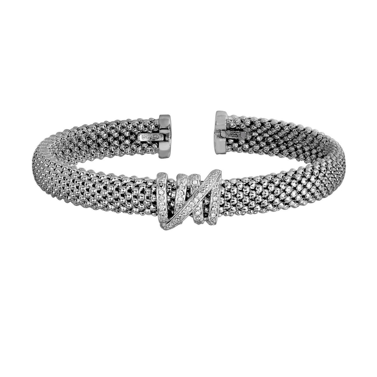 Popcorn Texture Cuff Bangle with Diamonds in Sterling Silver (8.00 mm)