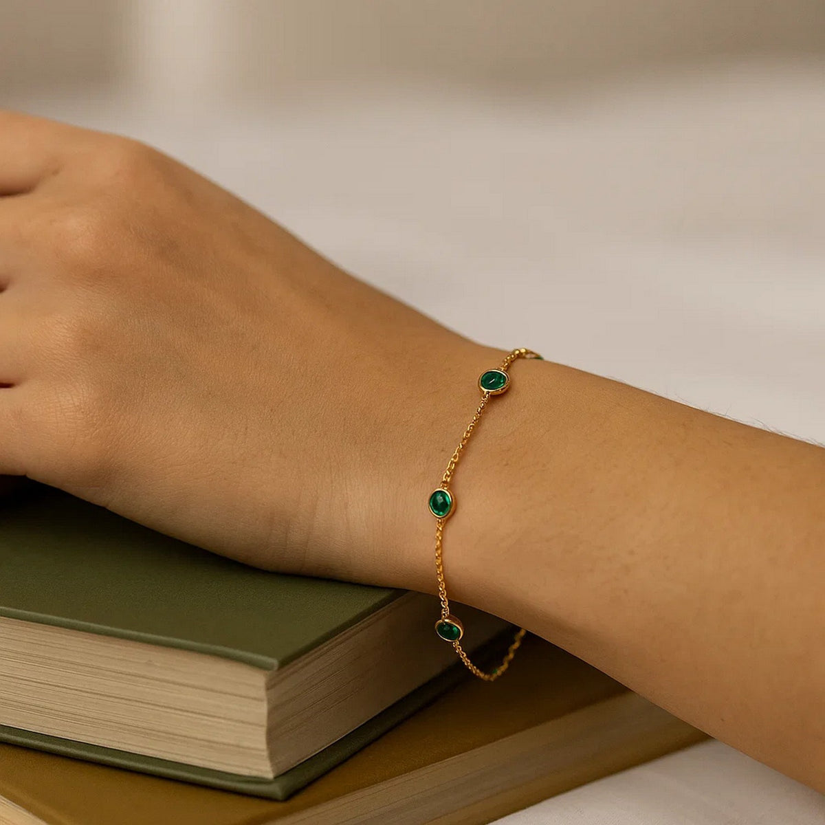 14K Yellow Gold Emerald Station Bracelet