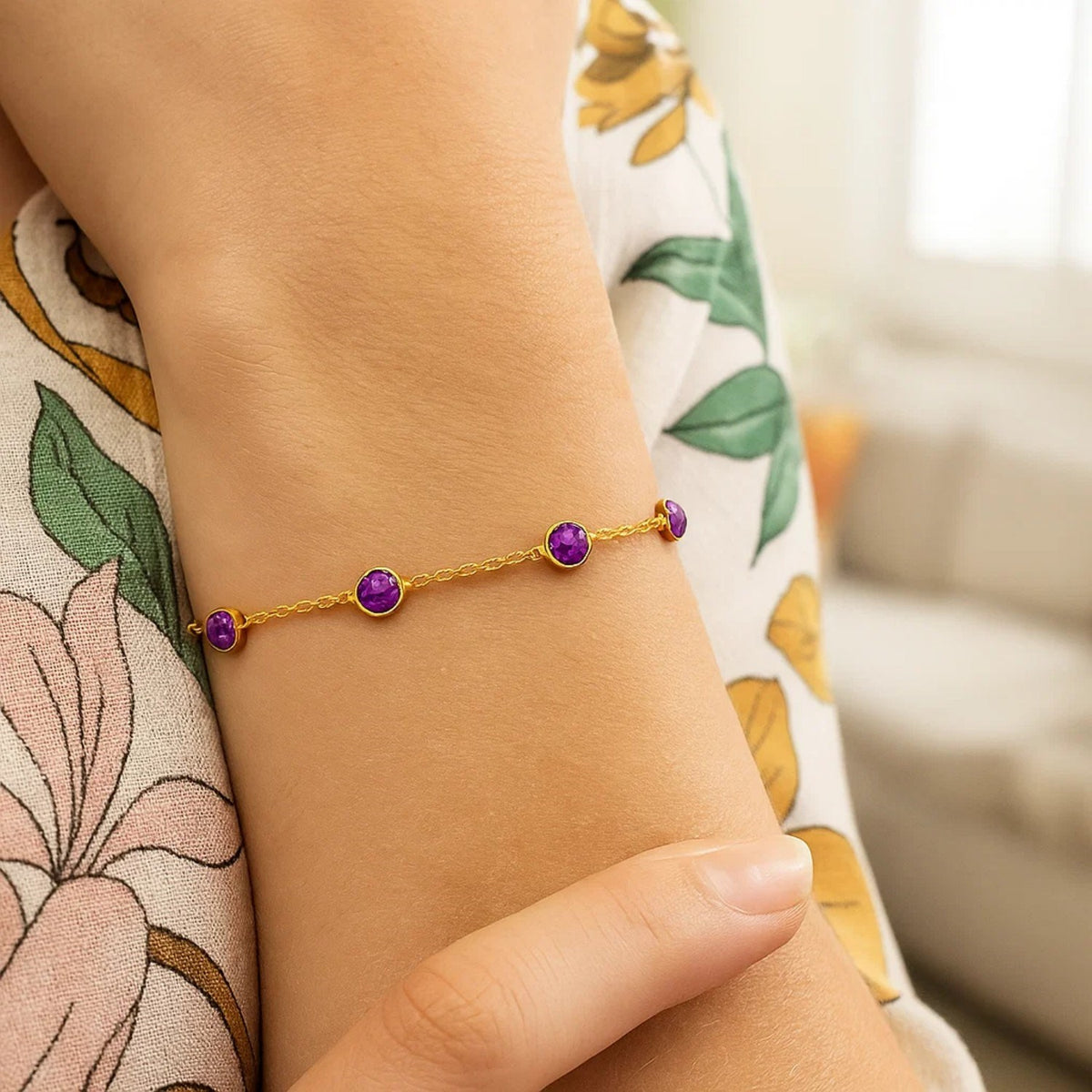 14K Yellow Gold Pink Sapphire Station Bracelet