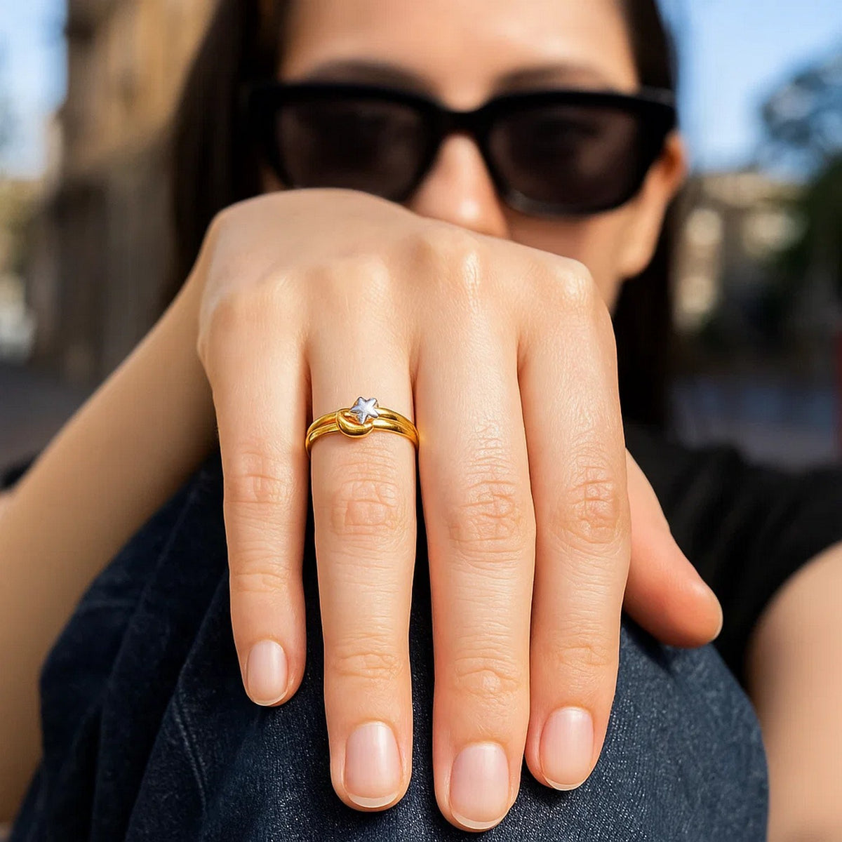 Star & Moon Ring in 10K Two Tone Gold