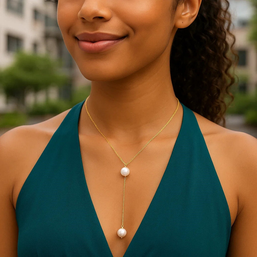 14k Yellow Gold Lariat Necklace with Pearls