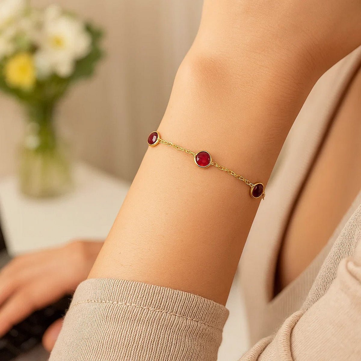 14K Yellow Gold Ruby Station Bracelet