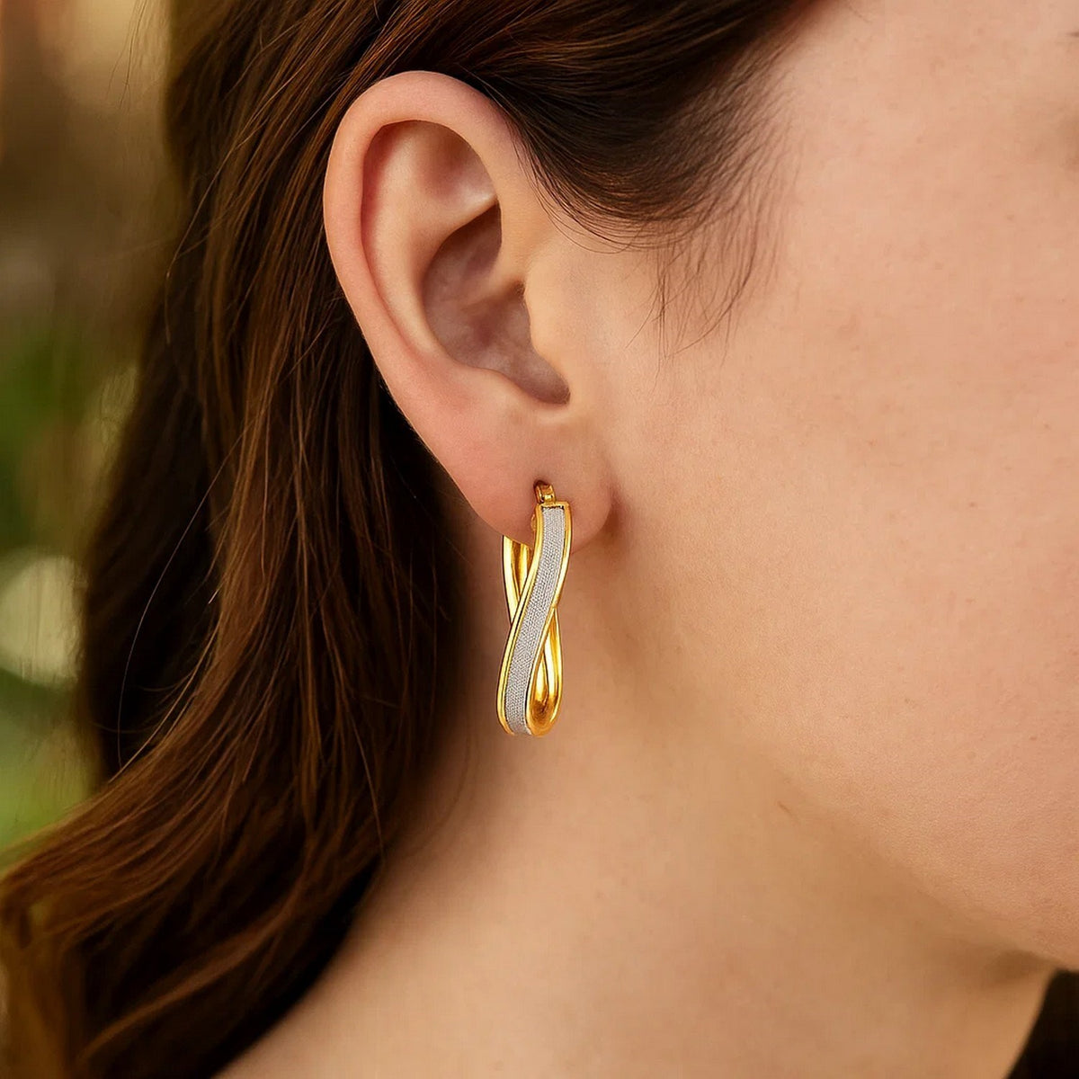 14k Two-Tone Gold Oval Hoop Twist Glittery Earrings