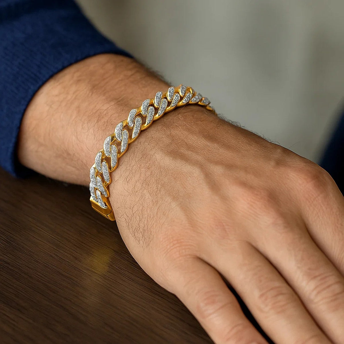 14k Two Tone Gold 8 1/2 inch Curb Chain Bracelet with White Pave (11.50 mm)