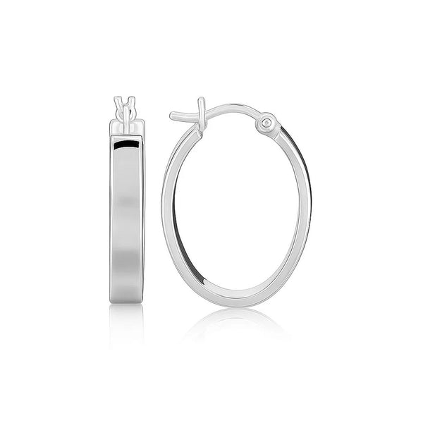 Sterling Silver Flat Style Oval Hoop Earrings with Rhodium Plating(4x14mm)