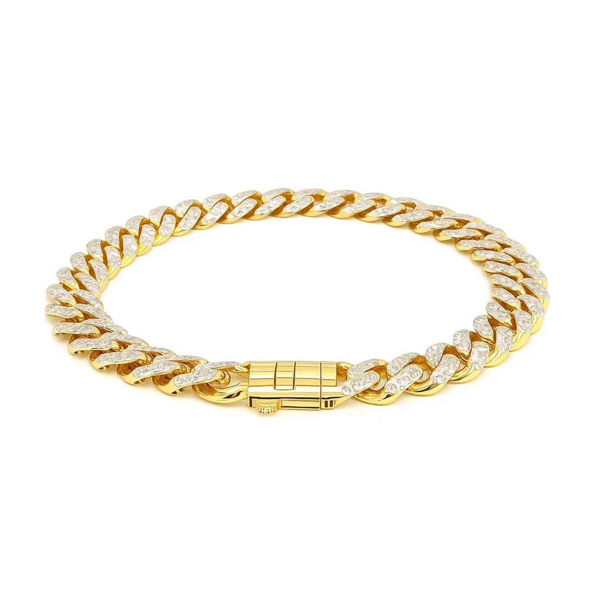 14k Two Tone Gold 8 1/4 inch Curb Chain Bracelet with White Pave (9.50 mm)