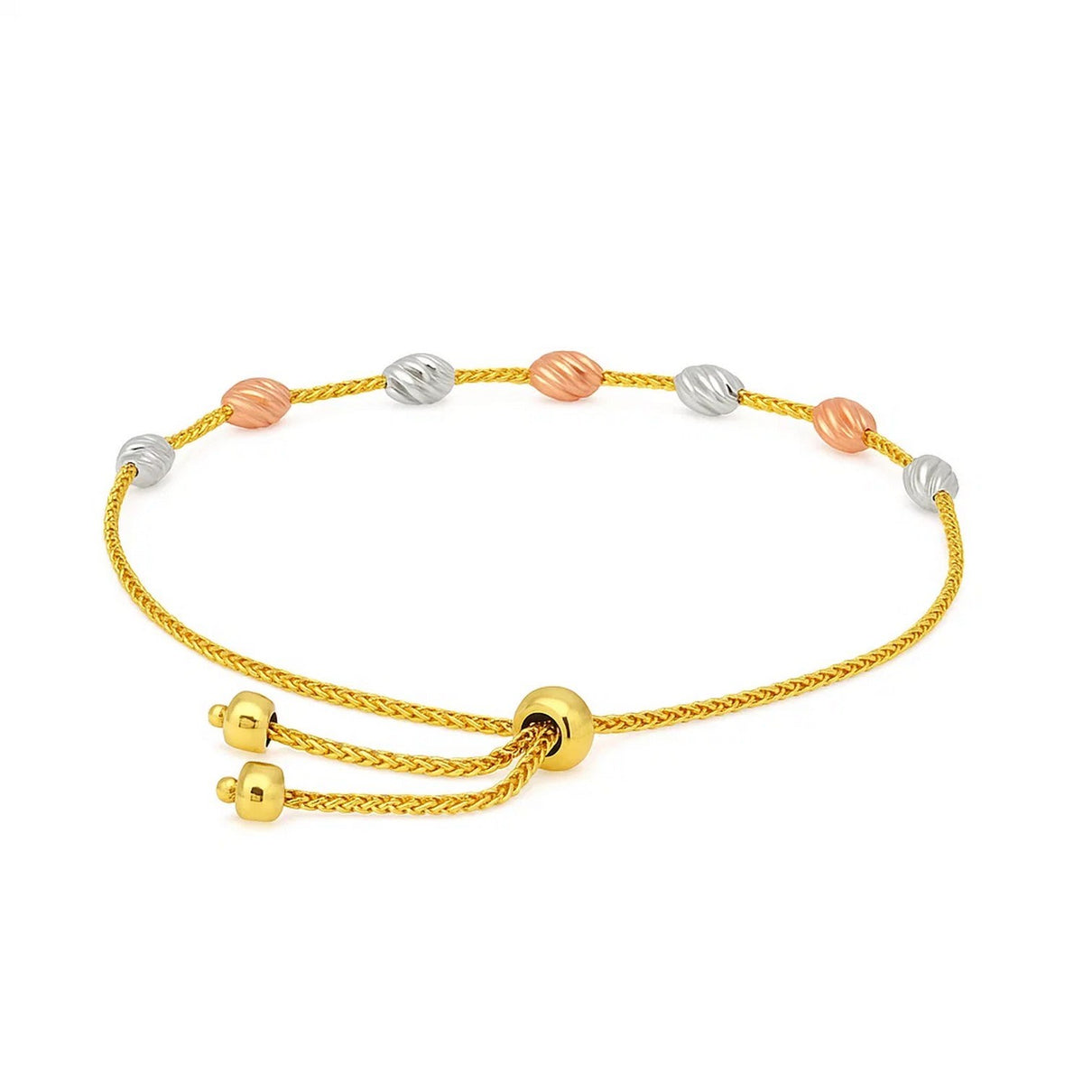 14k Tri-Color Gold Textured Oval Station Lariat Style Bracelet (1.20 mm)