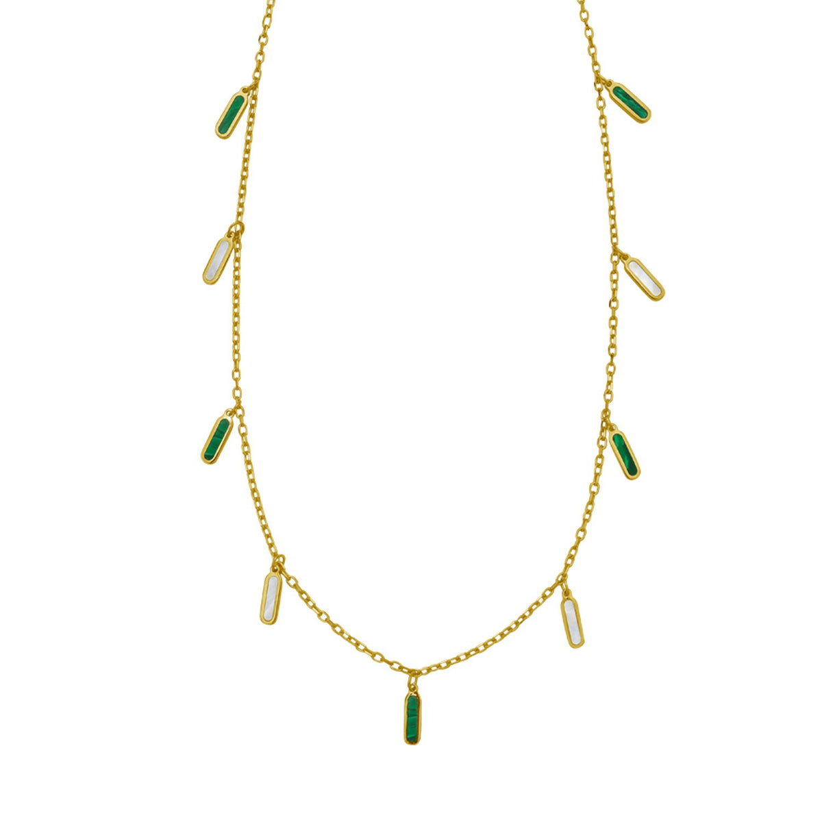 14K Yellow Gold Malachite And MOP Inlay Station Necklace
