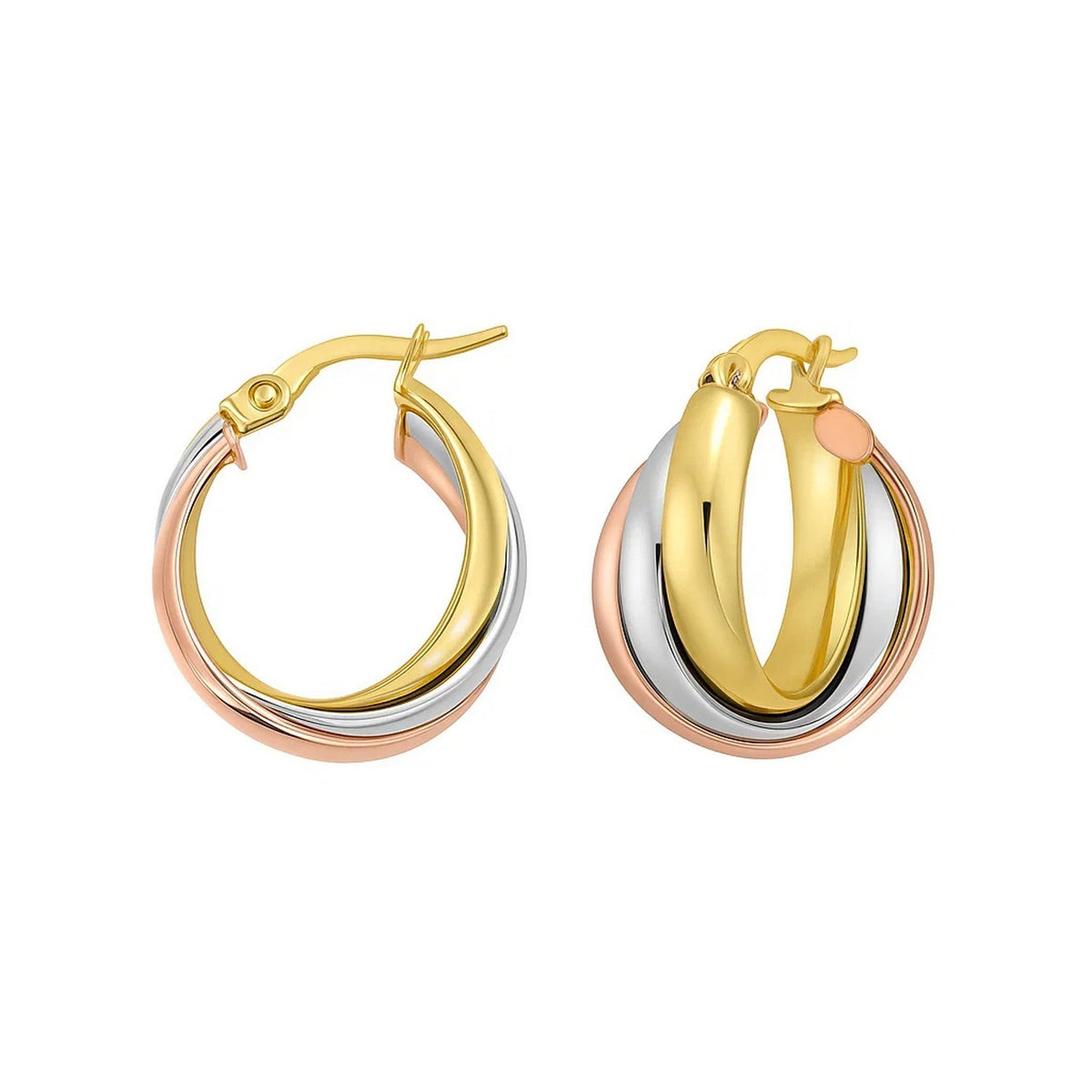 14K Tri Color Gold Polished Medium Trinity Woven Hoop Earrings