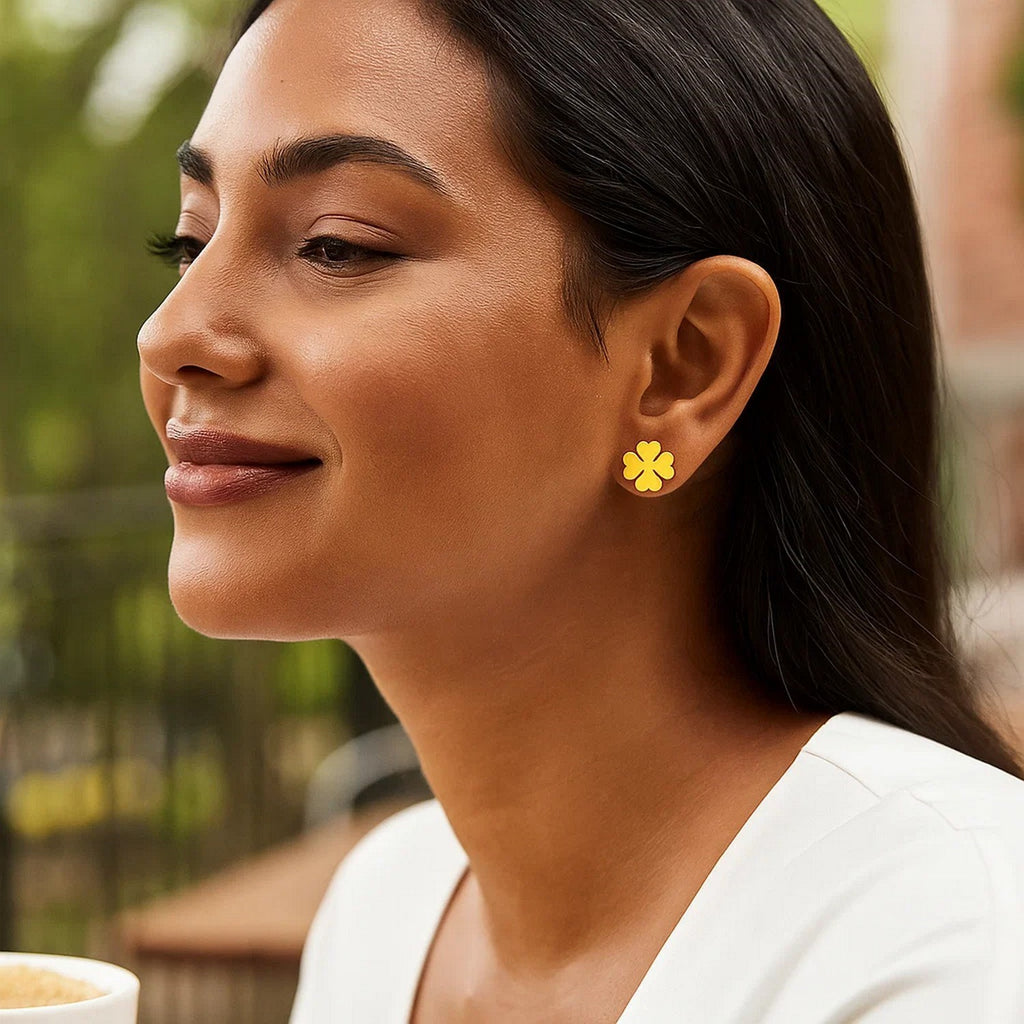 14K Yellow Gold Four Leaf Clover Earrings(10mm)