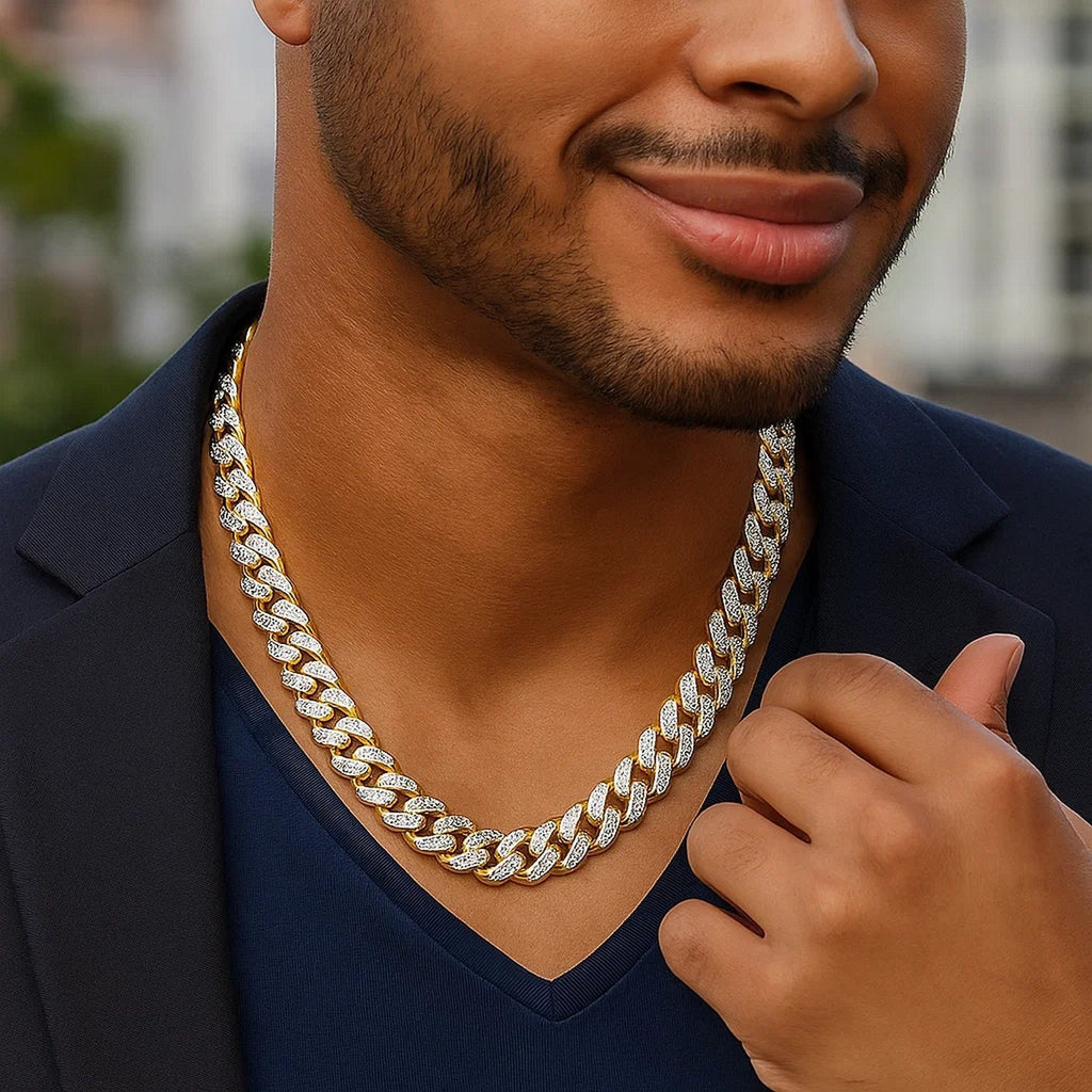 14k Two Tone Gold Miami Cuban Chain Necklace with White Pave