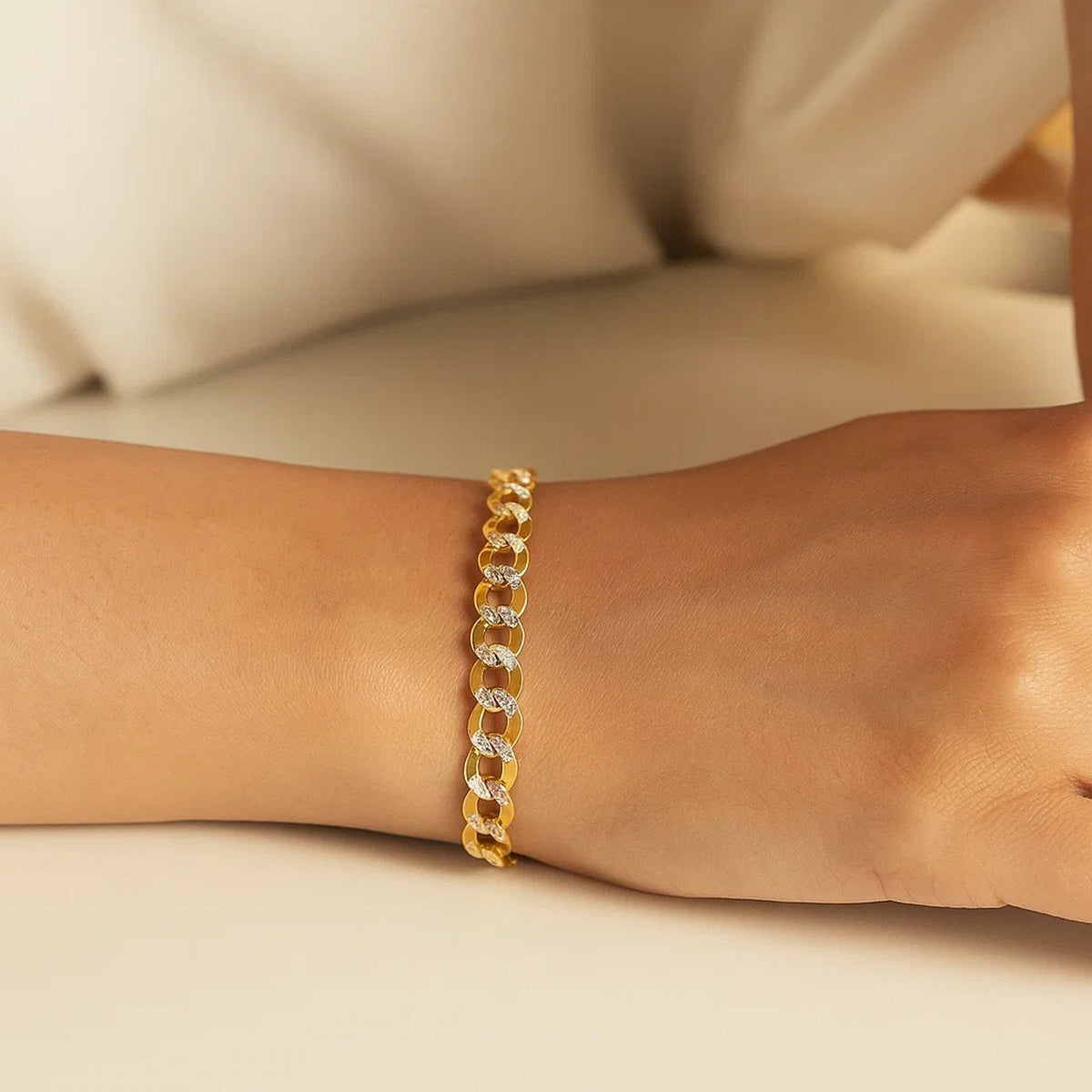 14k Two Tone Gold Pave Curb Bracelet (5.70 mm)