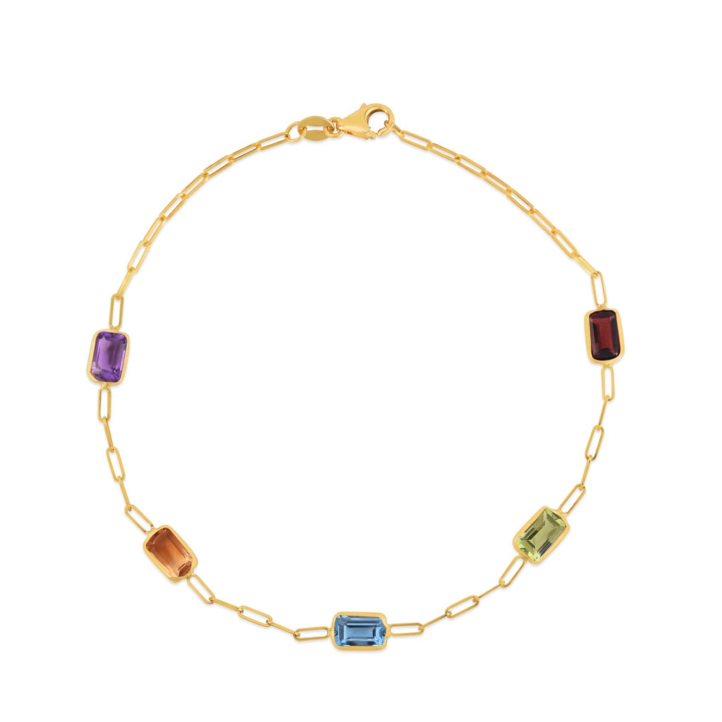 14K Yellow Gold Multi Gemstone Paperclip Bracelet (1.50 mm)
