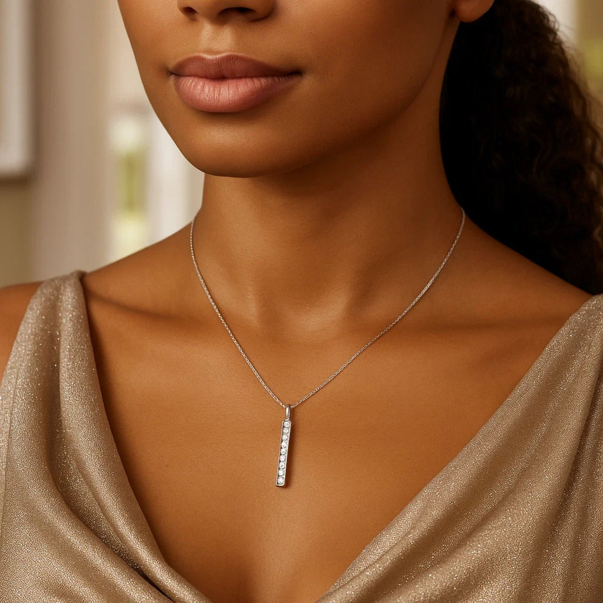 14k White Gold Bar Pendant with Diamonds
