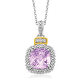 18k Yellow Gold & Sterling Silver Cushion Amethyst and Diamond Pendant
