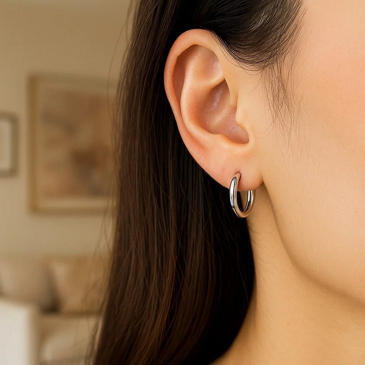 Sterling Silver Polished Hoop Style Earrings with Rhodium Plating (3x15mm)