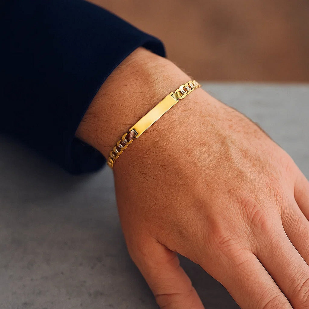 14k Two Tone Gold Mens Narrow Curb Chain ID Bracelet with White Pave (6.70 mm)