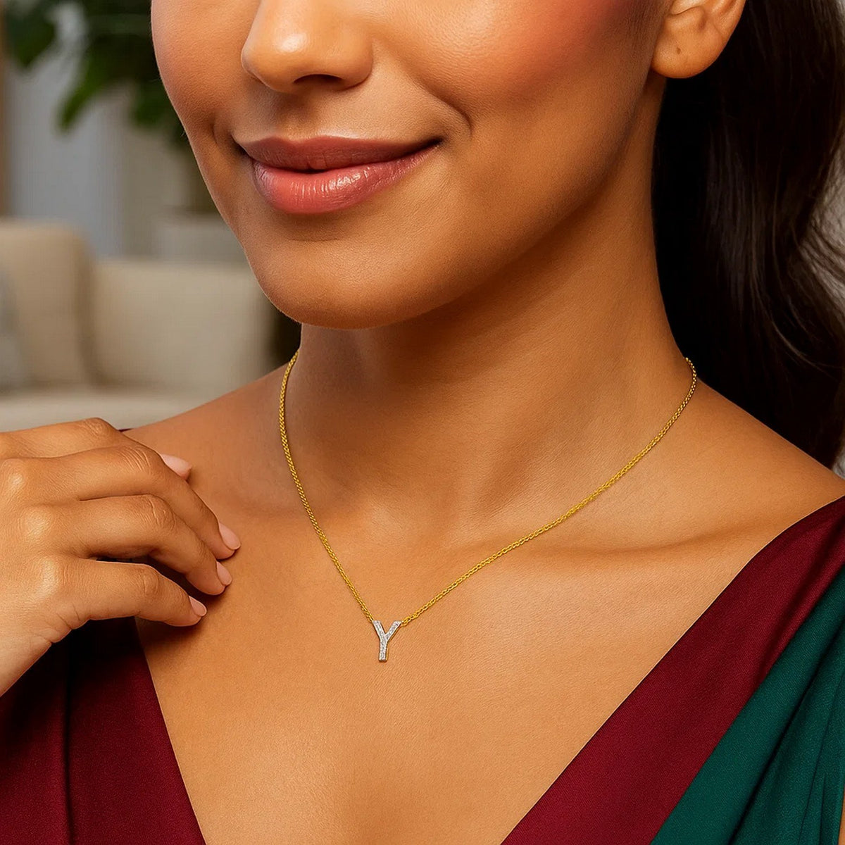 14K Yellow Gold Mini Diamond Y Initial Pendant Necklace