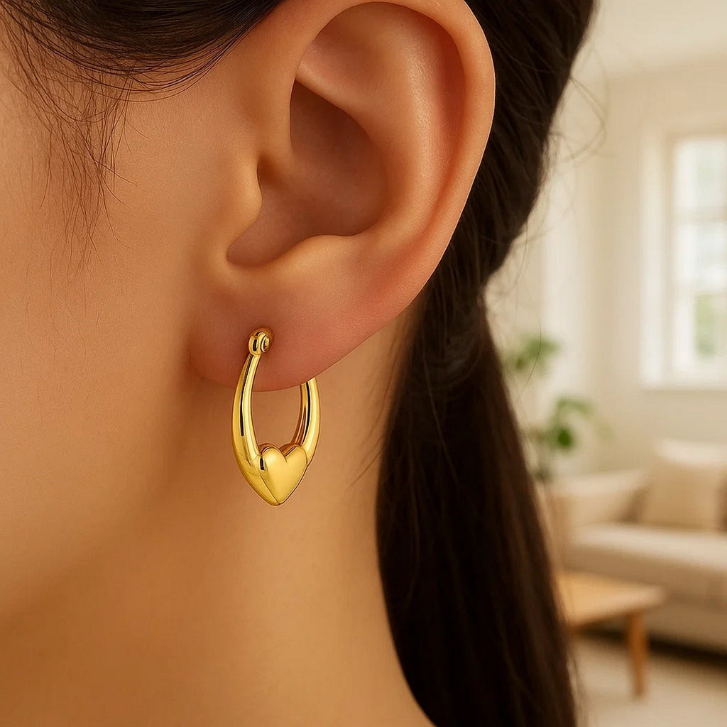 Small Heart Hoop Earrings in 14K Yellow Gold